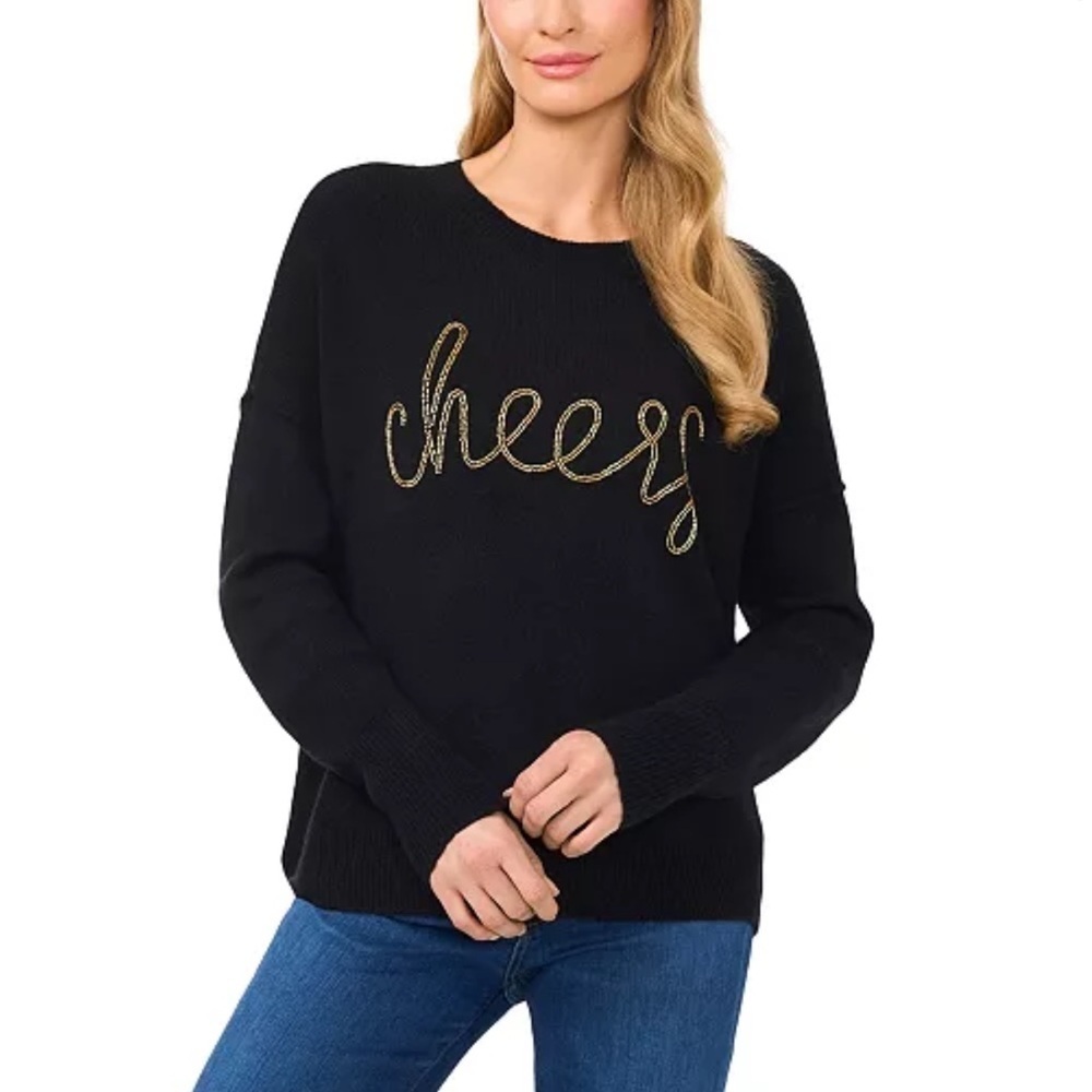 CeCe
Women's "Cheers" Script Crewneck Long-Sleeve Sweater